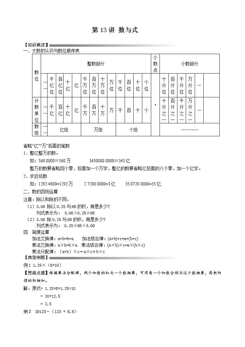 六年级下册数学讲义-小升初数学专题讲练：第5讲  数与式（无答案）人教版01