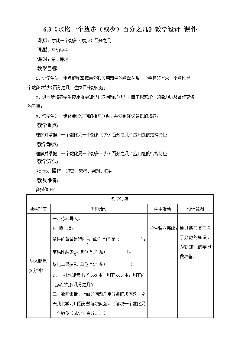 6.3《 求一个数比另一个数多（或少）百分之几》课件+教案+同步练习01