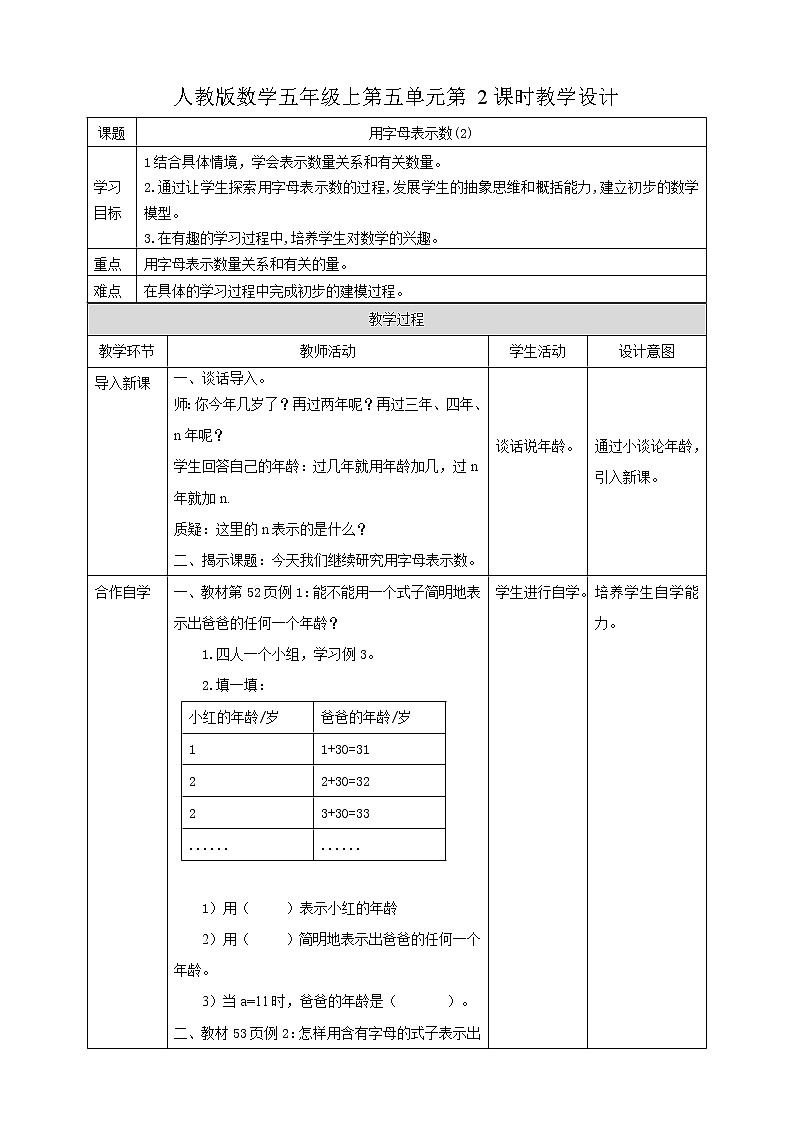 人教版数学五上第五单元第二课时《用字母表示数(2)》(课件+教案+同步练习）01