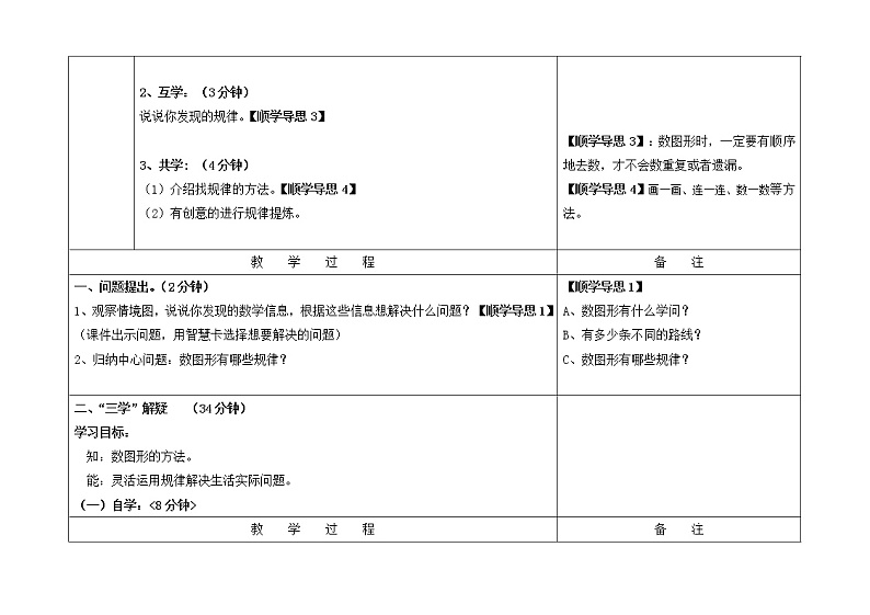 四年级上册数学教案（表格式）-数学好玩  数图形的学问   北师大版第2页