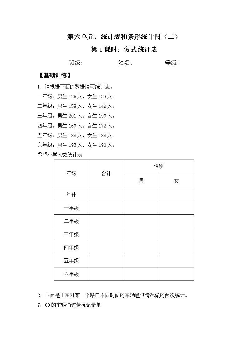 【同步练习】6.1 复式统计表 五年级上册数学试卷 苏教版（含答案）第1页