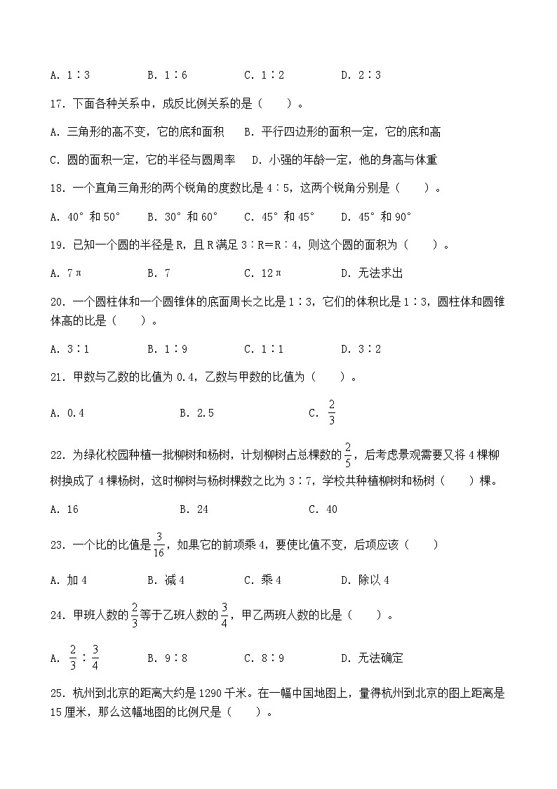【小升初分班专项特训】数学-数与代数-比和比例-选择题  专项提升练习B卷（通用版，含答案）03