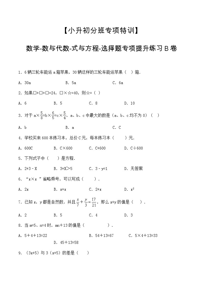 【小升初分班专项特训】数学-数与代数-式与方程-选择题  专项提升练习B卷（通用版，含答案）01