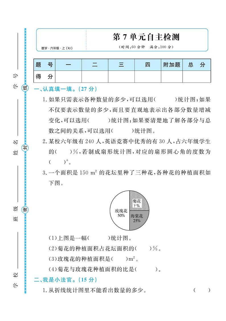人教版六年级数学上册 第七单元检测卷第1页