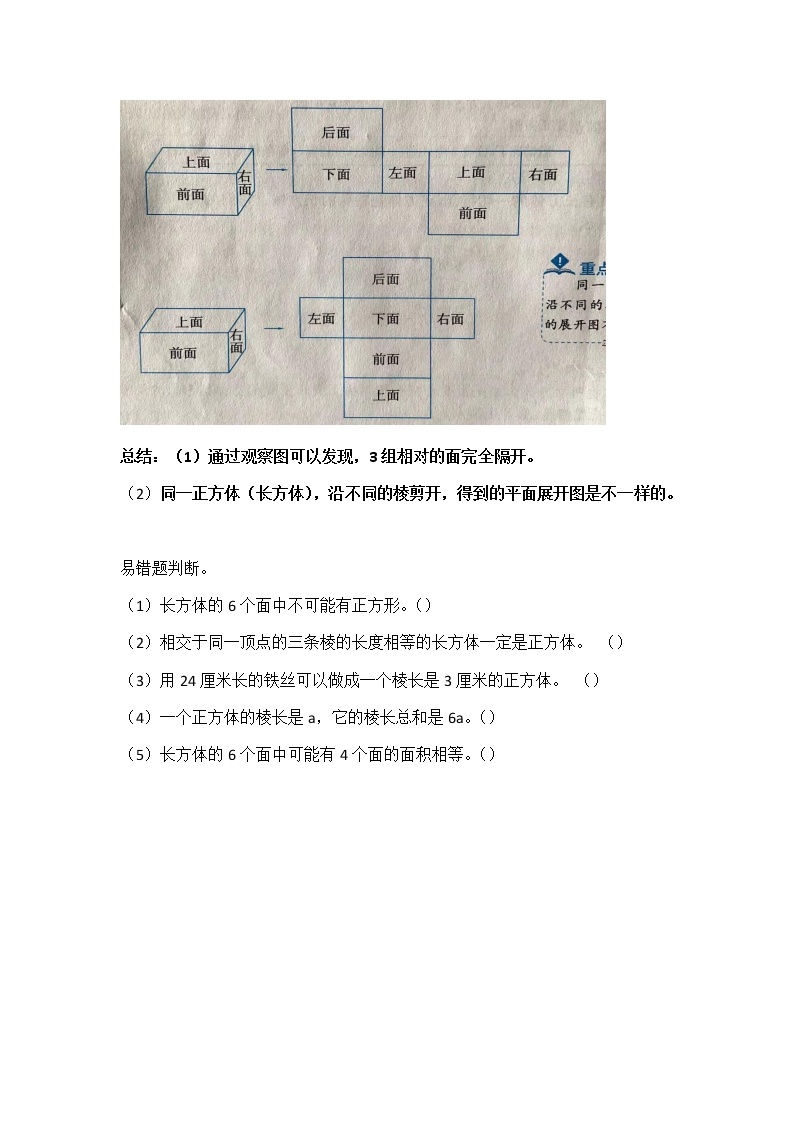 苏教版六年级上册数学第一单元 1.2 正方体、长方体的展开图（无答案）练习题02