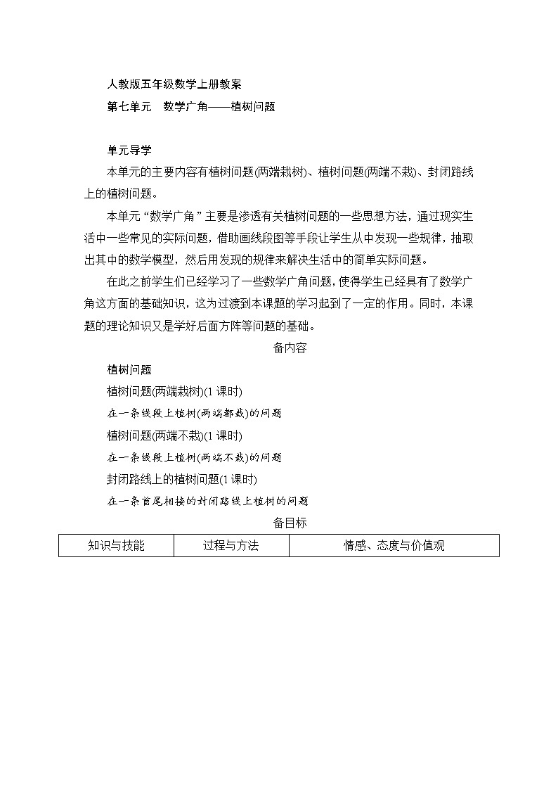 人教版五年级数学上册 第七单元 《数学广角-植树问题》单元备课方案教案第1页