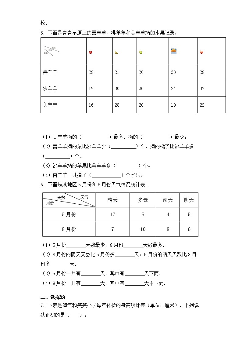 人教版 三年级数学暑假作业三  复式统计表第2页