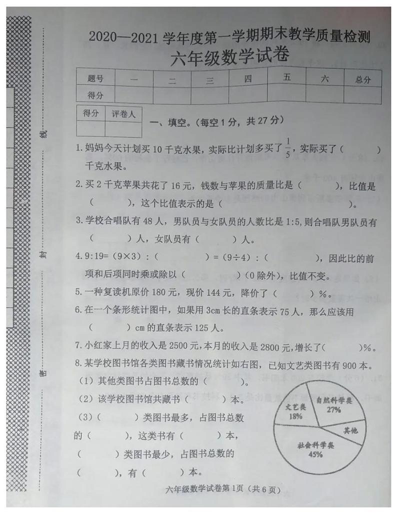 河北省邯郸市临漳县2020-2021第一学期期末教学质量检测六年级数学试卷-北师大版-无答案01