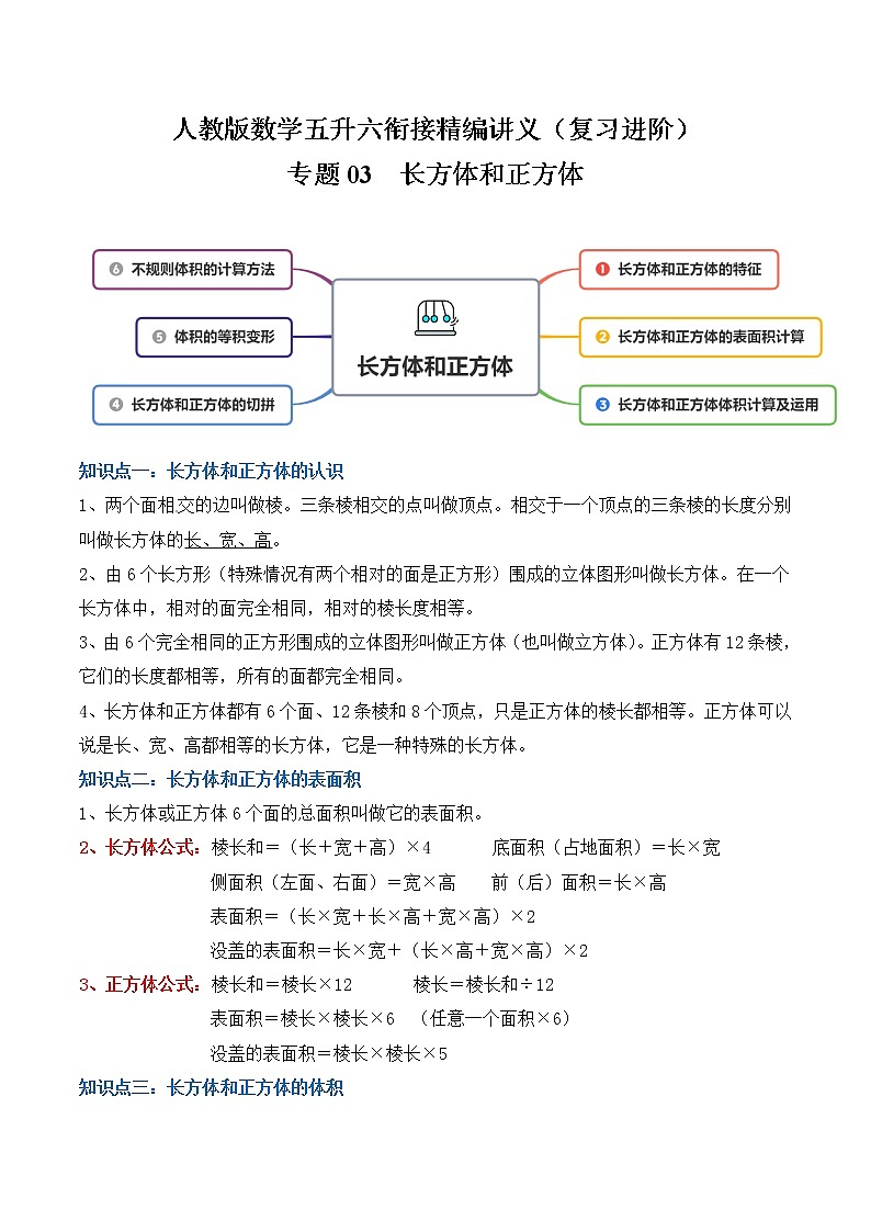 【复习进阶篇】人教版 五年级下册 数学精编讲义专题03《长方体和正方体》（原卷）第1页