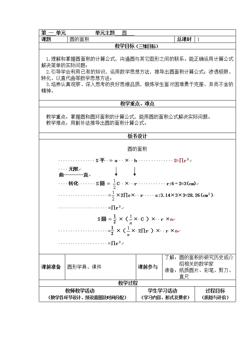 六年级上册数学教案-第一单元第4课时圆的面积  北师大版01