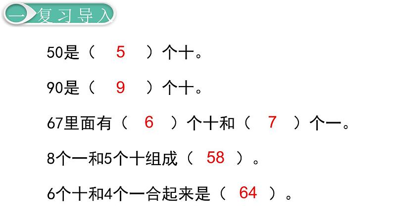 人教版数学一年级下册第4单元  100以内数的认识课件——第9课时  整十数加一位数及相应的减法第2页