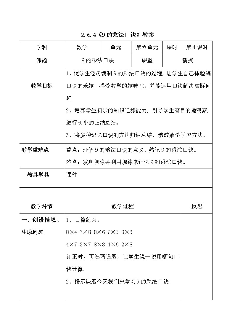 人教版二年级数学上册第六单元精品教案、课件、学案、课堂达标 课题名称：2.6.4《9的乘法口诀》01
