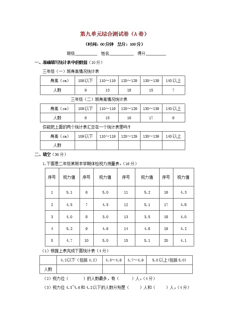 三年级下数学单元评估检测题AB卷（A）-第九单元-苏教版第1页