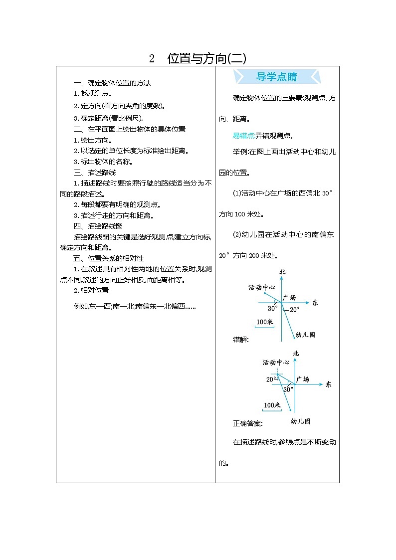 人教版小学六年级数学上 2 位置与方向(二)表格式学案01