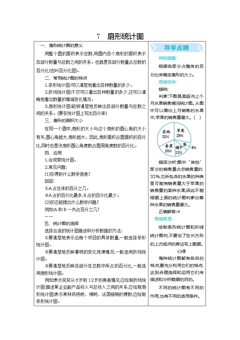 人教版小学六年级数学上 7 扇形统计图 表格式学案01