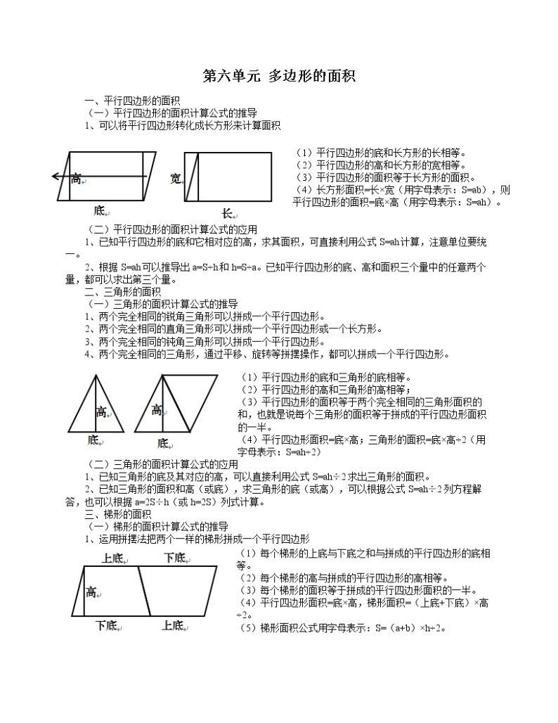 人教版五年级数学上册第六单元多边形的面积第七单元数学广角——植树问题（完整知识点）01