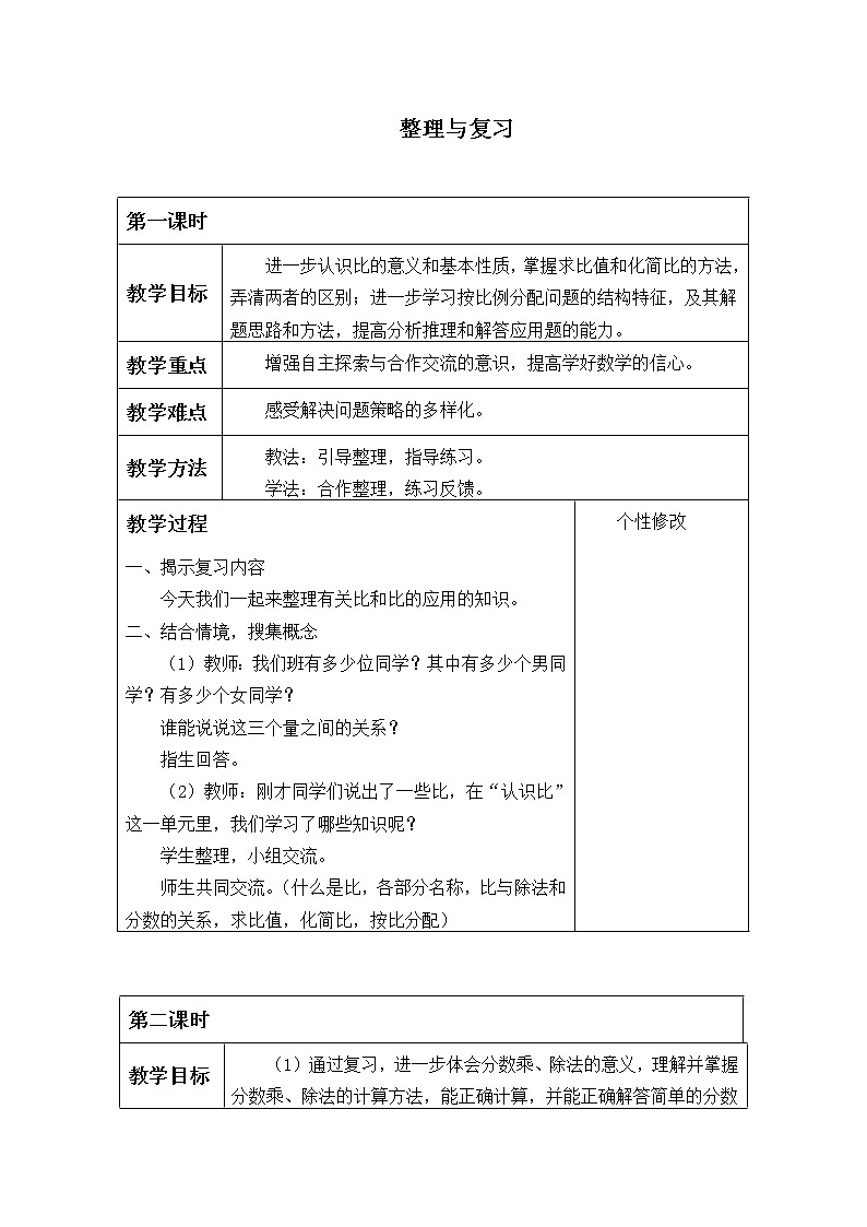 苏教版数学六年级上册  七 整理与复习_1 教案第1页