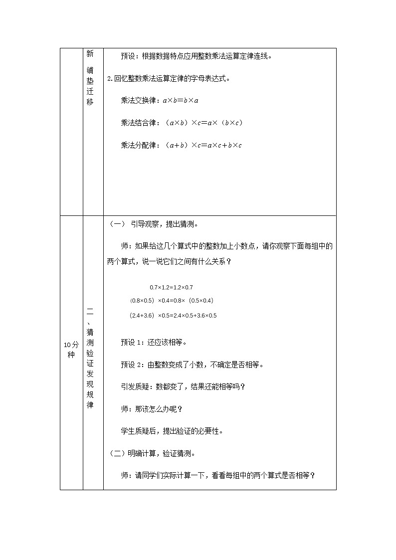 五年级上册数学教案-整数乘法运算定律推广到小数-人教版02