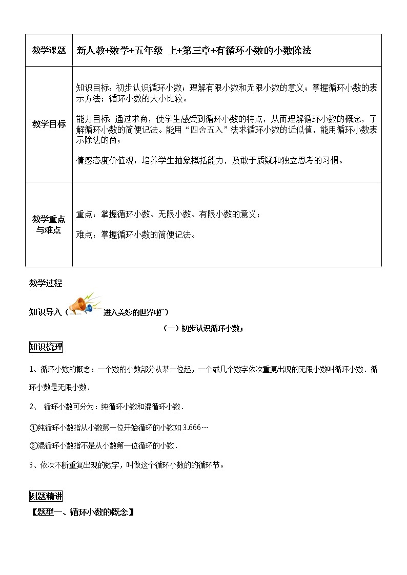 五年级上册数学讲义-有循环小数的小数除法（无答案）人教版教案第1页