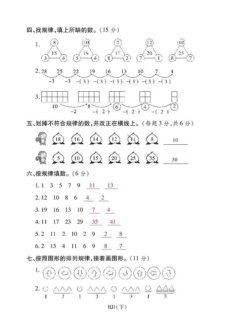 人教版数学一年级下册-07找规律-单元试卷03第2页