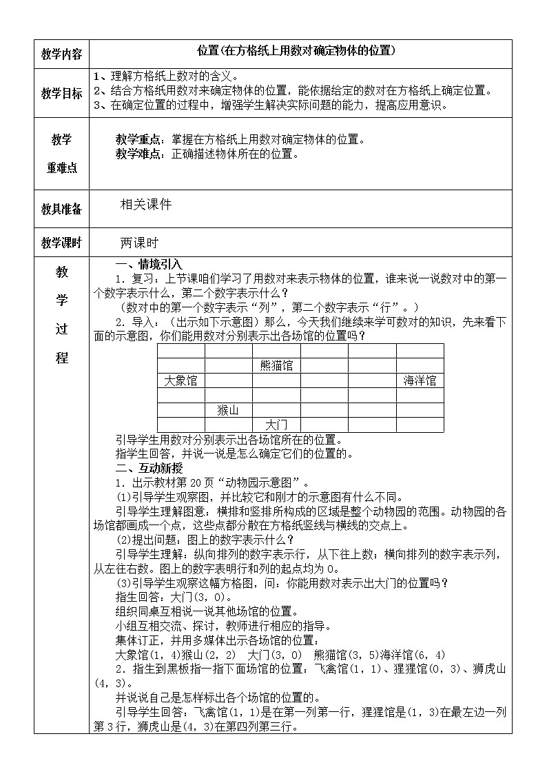 人教版五年级数学上册 2 用方格纸确定物体的位置教案第1页