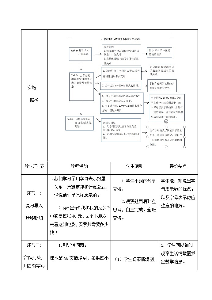 五年级上册数学表格式教案-5.4用字母表示数量关系例4人教版02