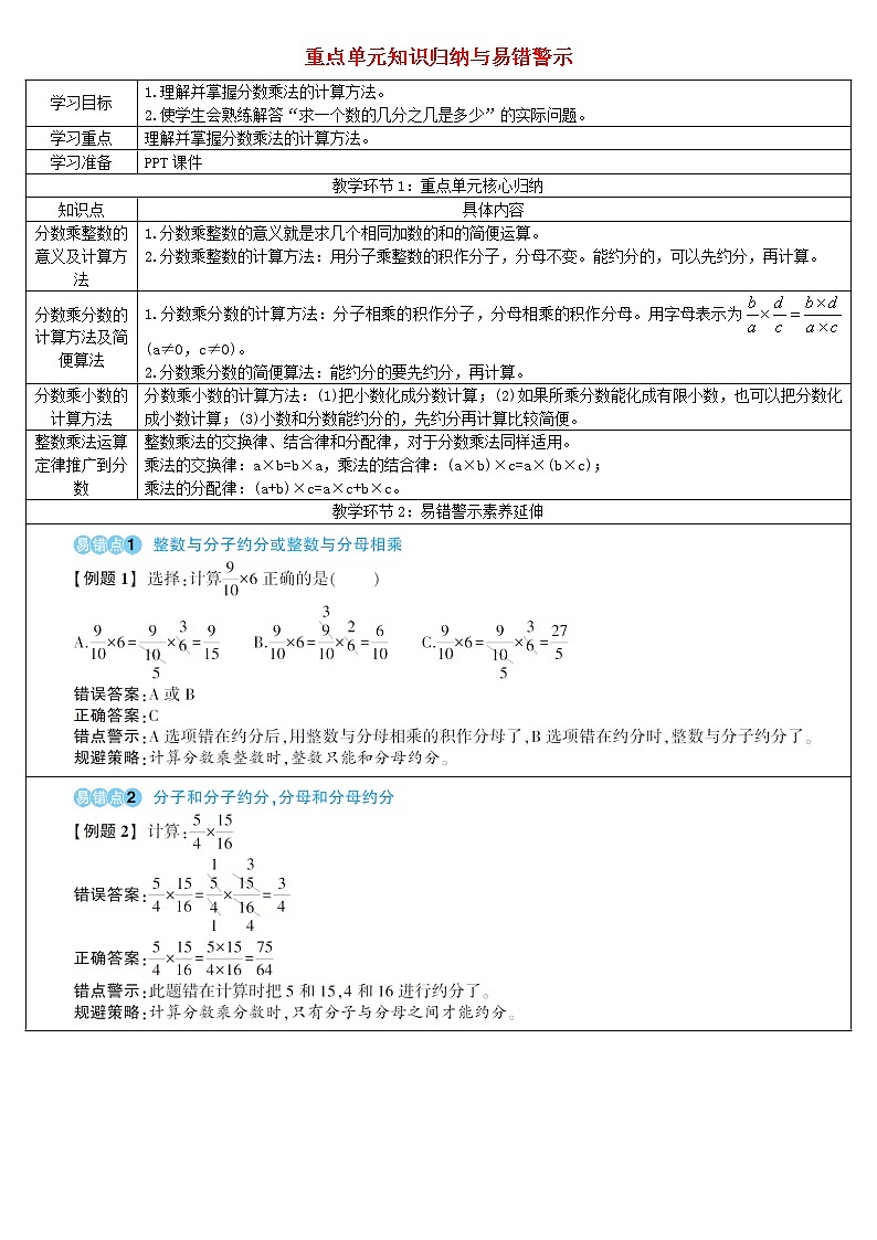 六年级数学上册1分数乘法重点单元知识归纳与易错警示导学案新人教版第1页