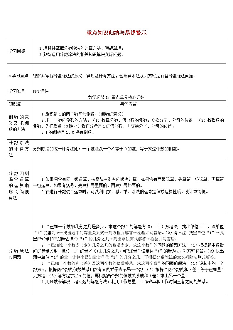 六年级数学上册3分数除法重点知识归纳与易错警示导学案新人教版第1页