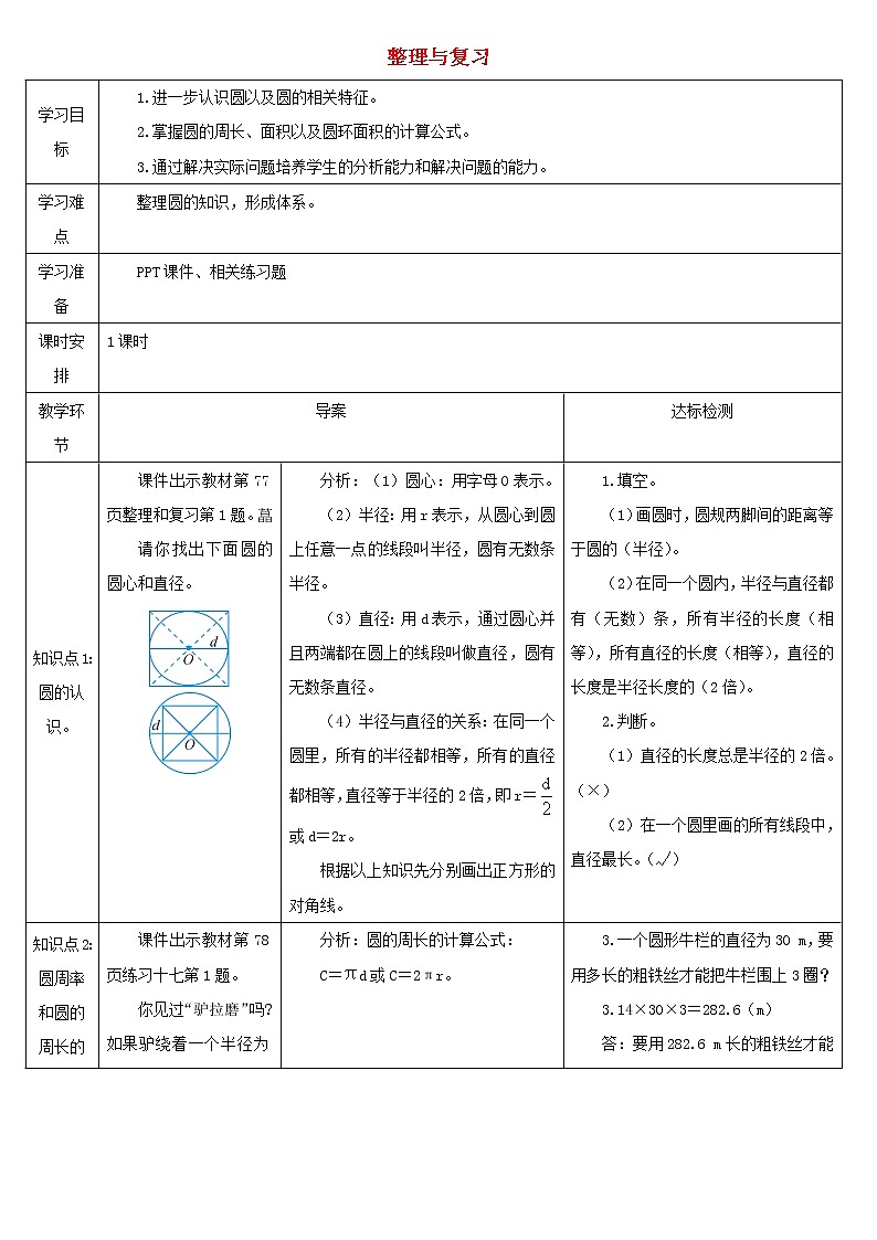 六年级数学上册5圆整理与复习导学案新人教版01