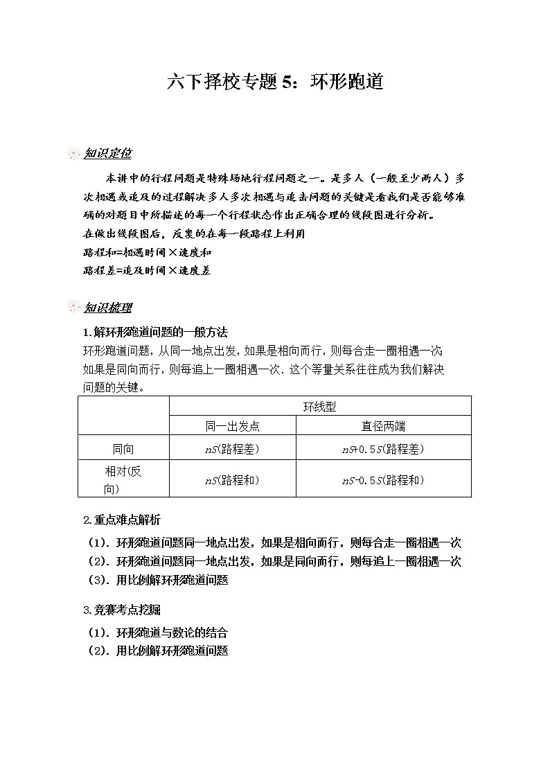 小升初择校专题讲义5：环形跑道(无答案)（全国版，通用）教案第1页