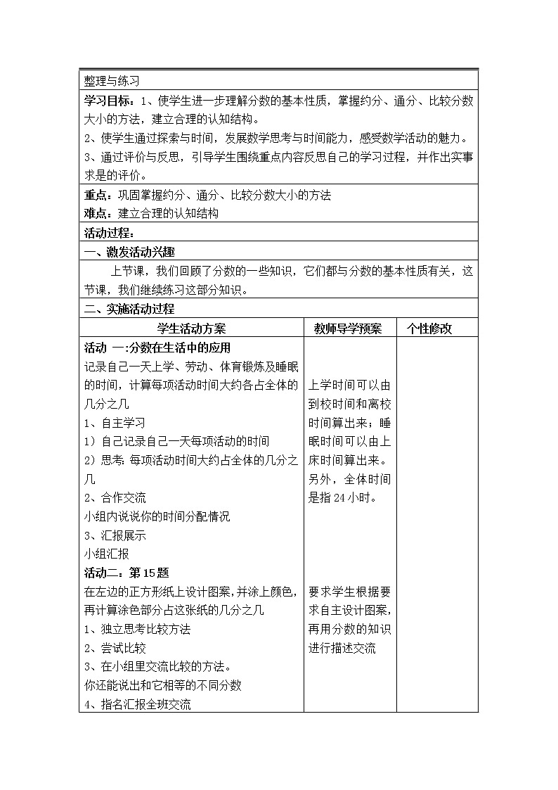五年级下册数学教案-4.14和分数的意义和性质整理与练习丨苏教版01