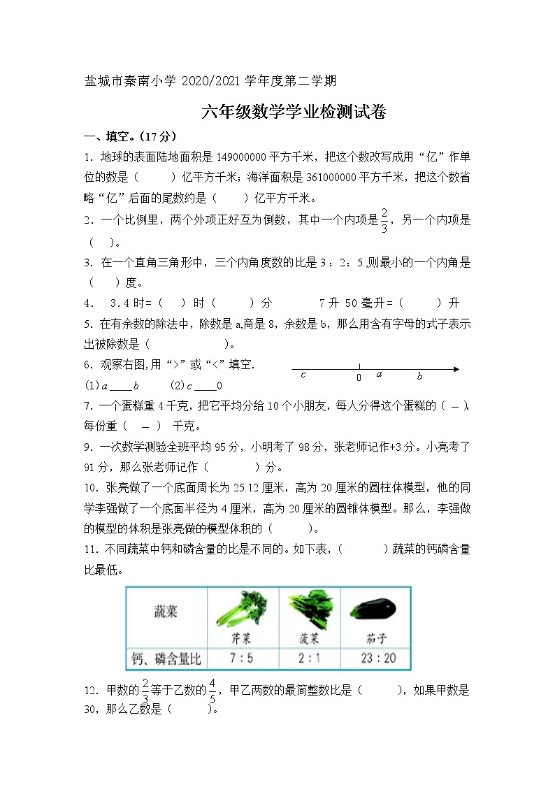 盐城市秦南小学 2020-2021学年度第二学期六年级数学学业检测试卷第1页