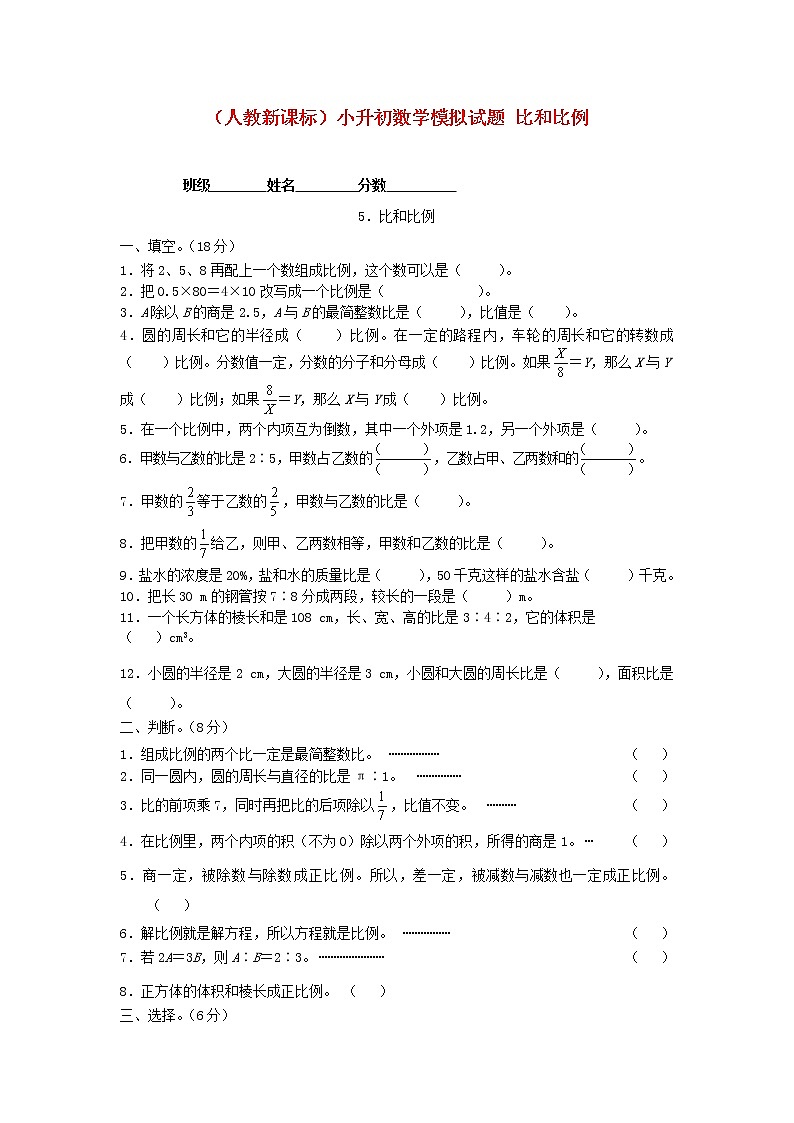 人教版六年级数学小升初专题练习：比和比例01