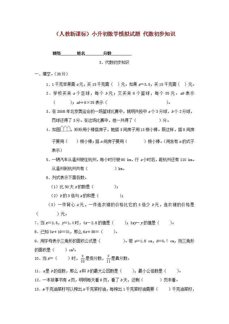 人教版六年级数学小升初专题练习：代数初步知识01