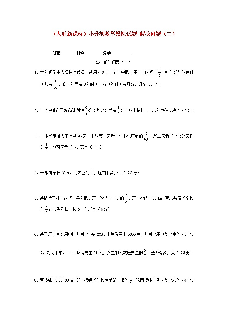 人教版六年级数学小升初专题练习：解决问题（二）第1页