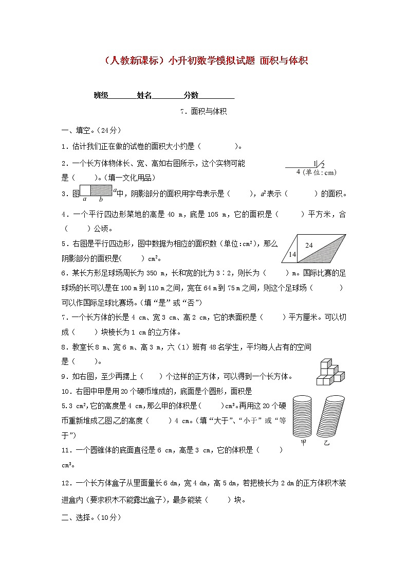 人教版六年级数学小升初专题练习：面积与体积第1页