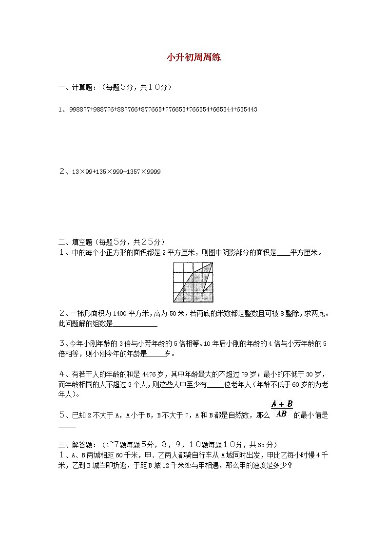 青岛版六年级数学下册小升初周周练（二十八）第1页