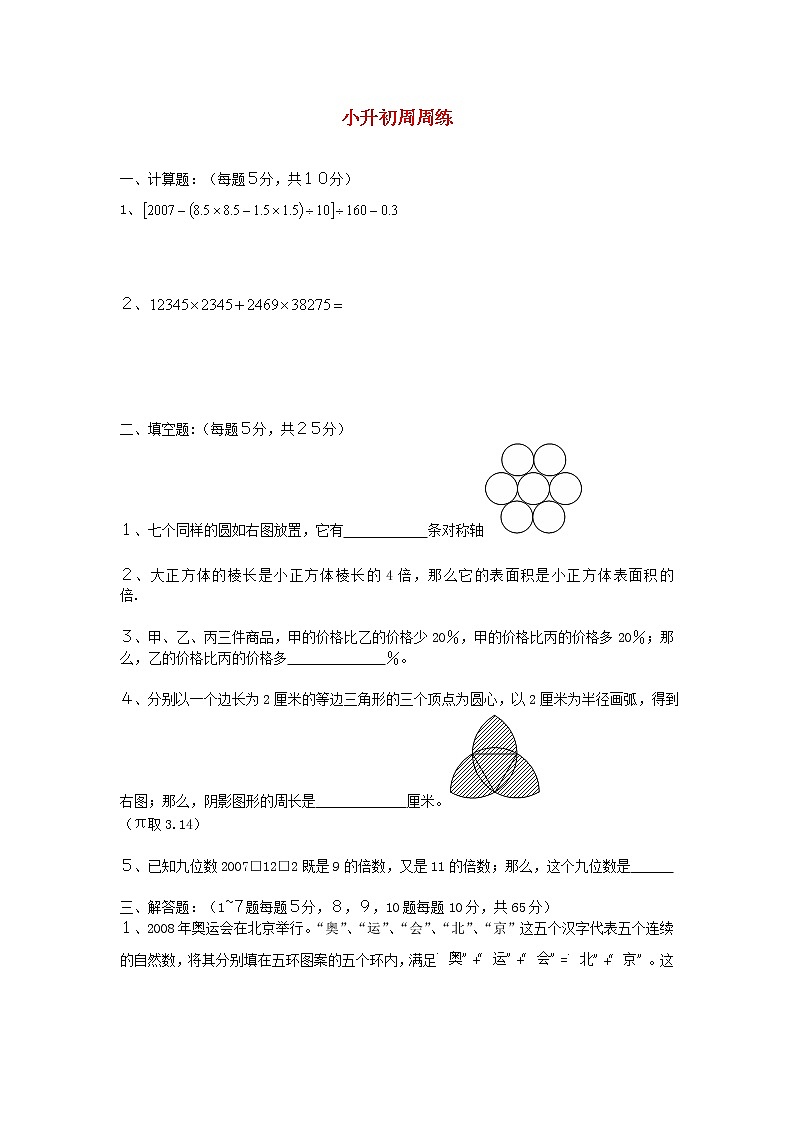 青岛版六年级数学下册小升初周周练（十三）第1页