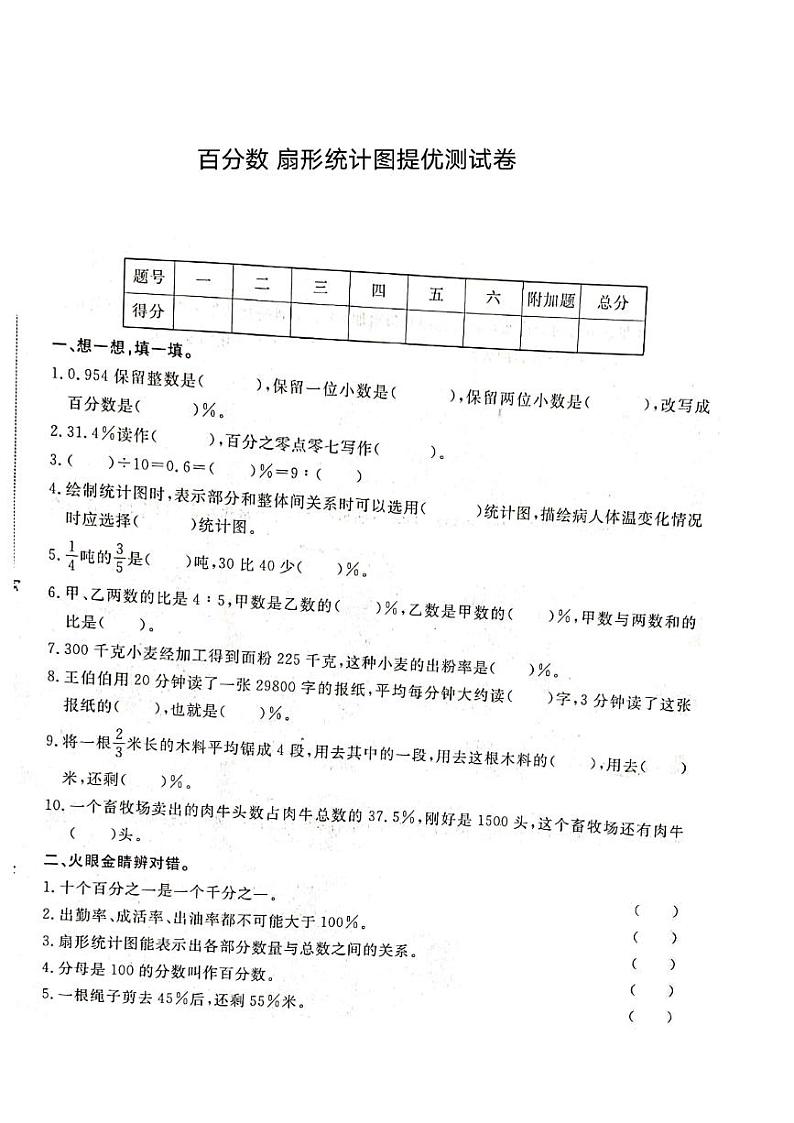 人教版六年级数学上册 百分数 扇形统计图测试卷（无答案）第1页