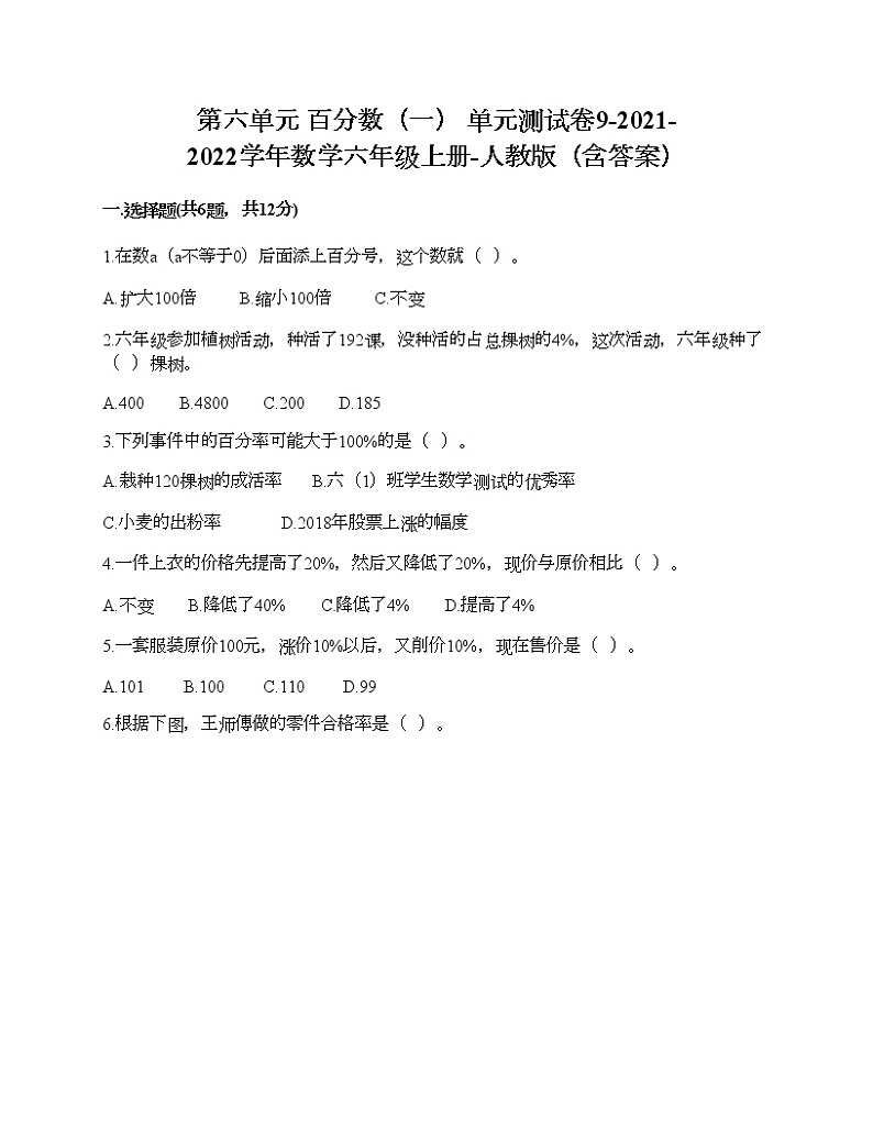 第六单元 百分数（一） 单元测试卷9-2021-2022学年数学六年级上册-人教版（含答案）第1页