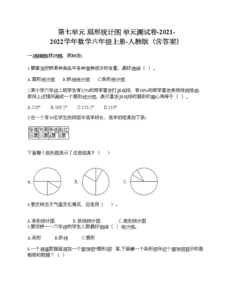 第七单元 扇形统计图 单元测试卷-2021-2022学年数学六年级上册-人教版（含答案）第1页