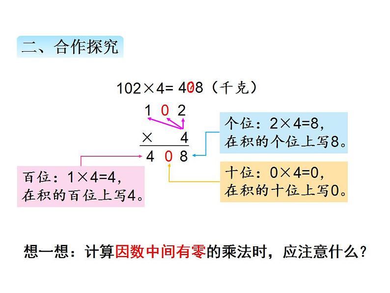 青岛版（六三制）数学三年级上册第三单元 3三位数（中间或末尾有0）乘一位数的笔算乘法（课件）第4页