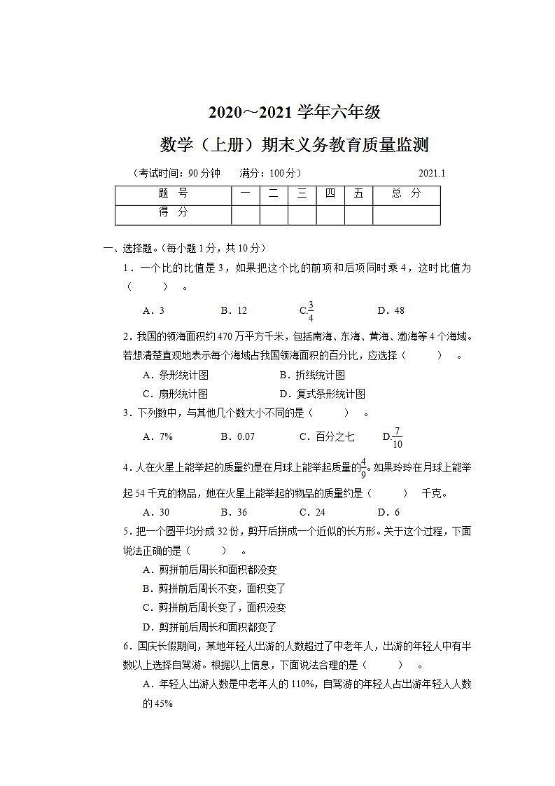 2020～2021学年六年级数学(上册)期末义务教育质量监测01