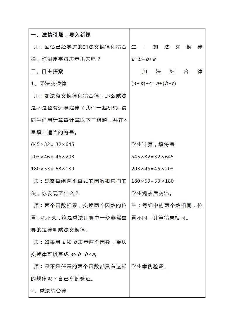 冀教版数学四下3.6《乘法交换律和乘法结合律》教案02