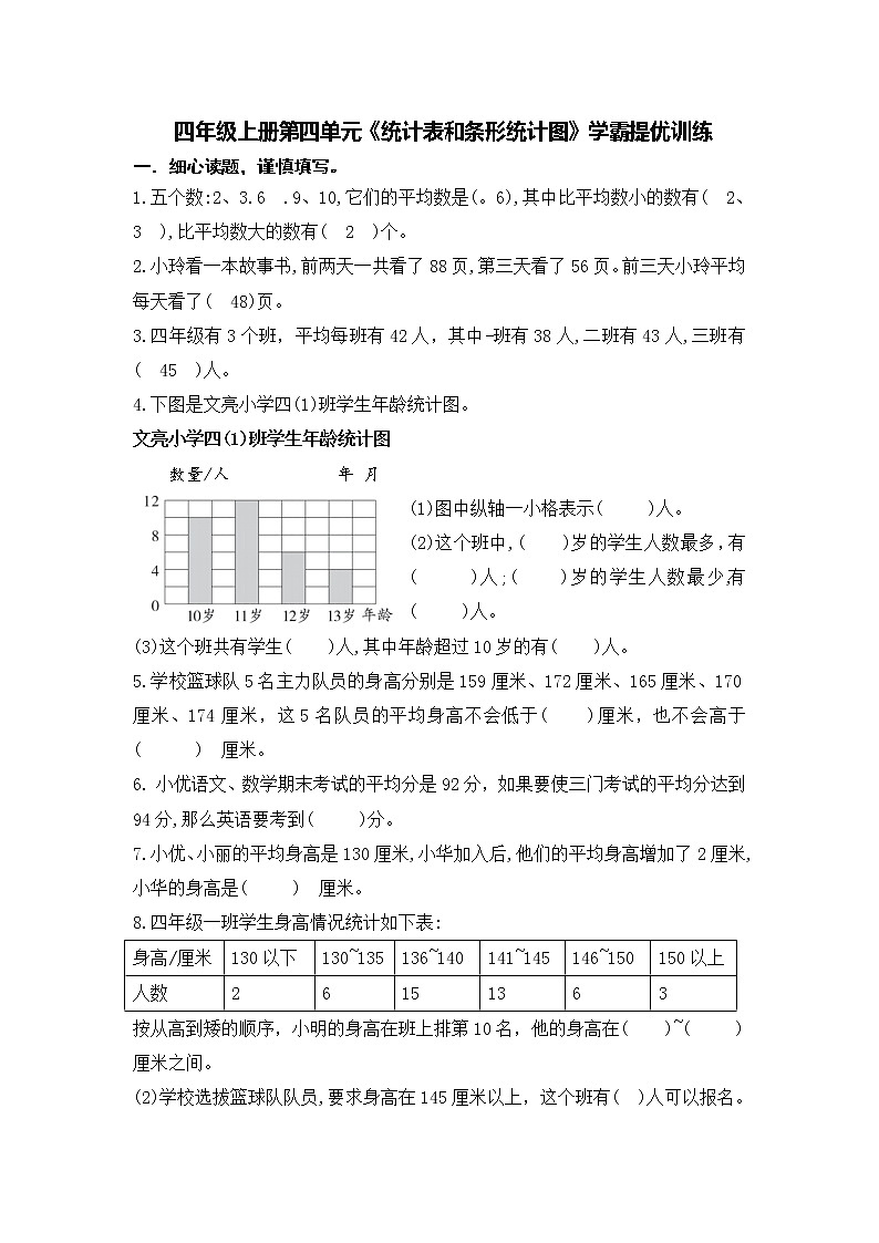 （学霸自主提优拔尖）苏教版四年级数学上册第四单元《统计表和条形统计图》（知识点、常考题、易错题、拓展题）名师详解与训练02