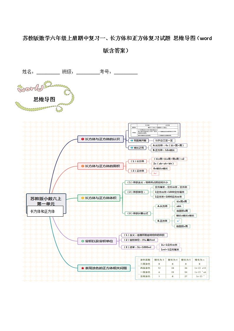 苏教版数学六年级上册期中复习一、长方体和正方体复习试题 思维导图（word版含答案）第1页