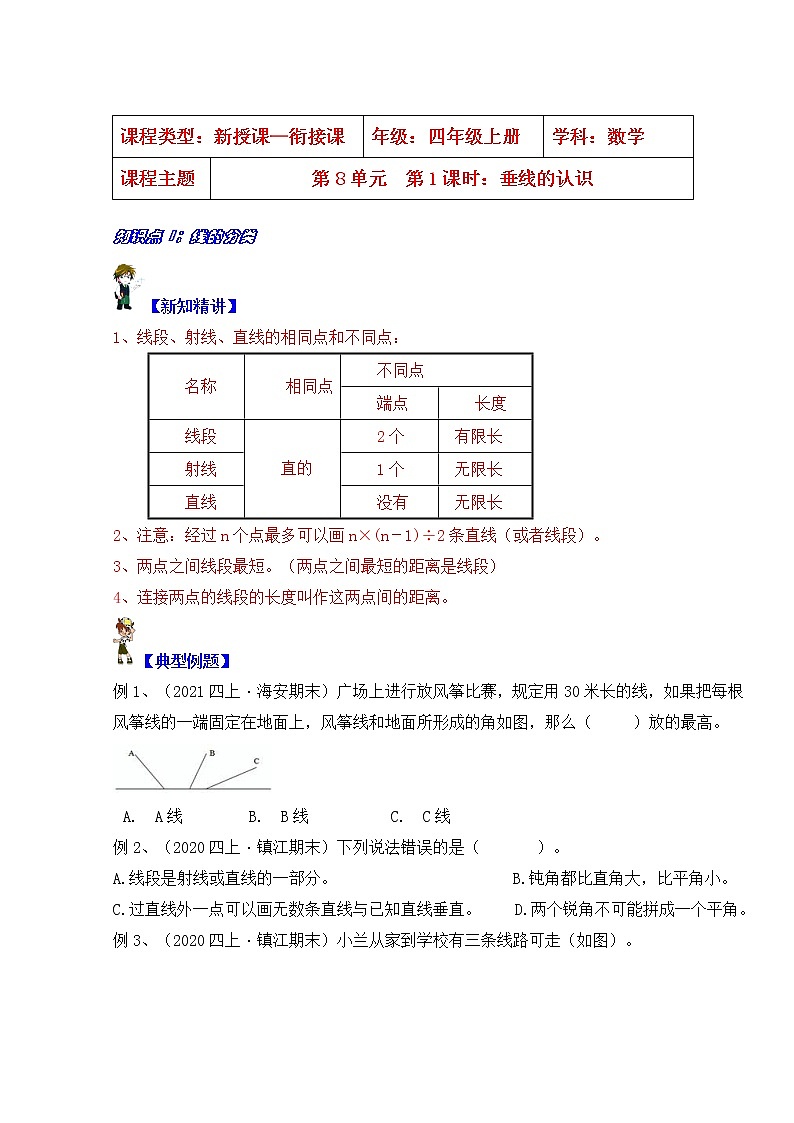 【同步课时优选讲义】苏教版四年级上册数学第8单元第1课时：垂线的认识（学生版+ 教师版）教案学案01