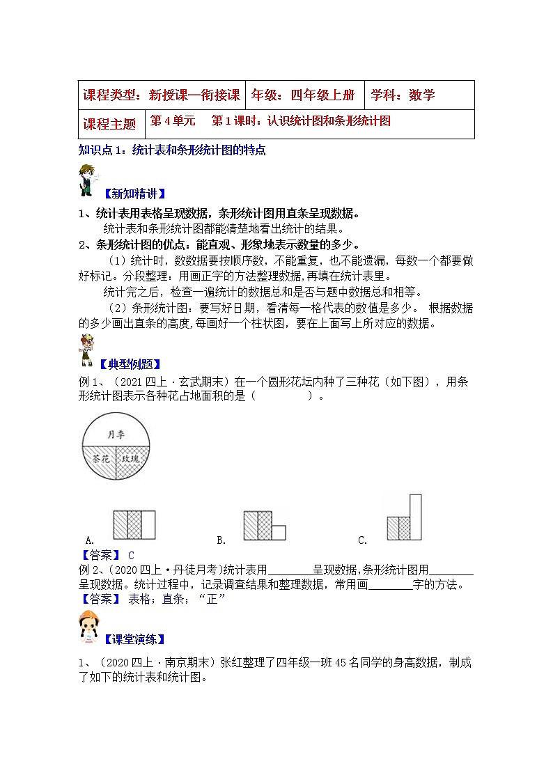 【同步课时优选讲义】苏教版四年级上册数学第4单元第1课时：认识统计图和条形统计图（学生版+ 教师版）教案学案01