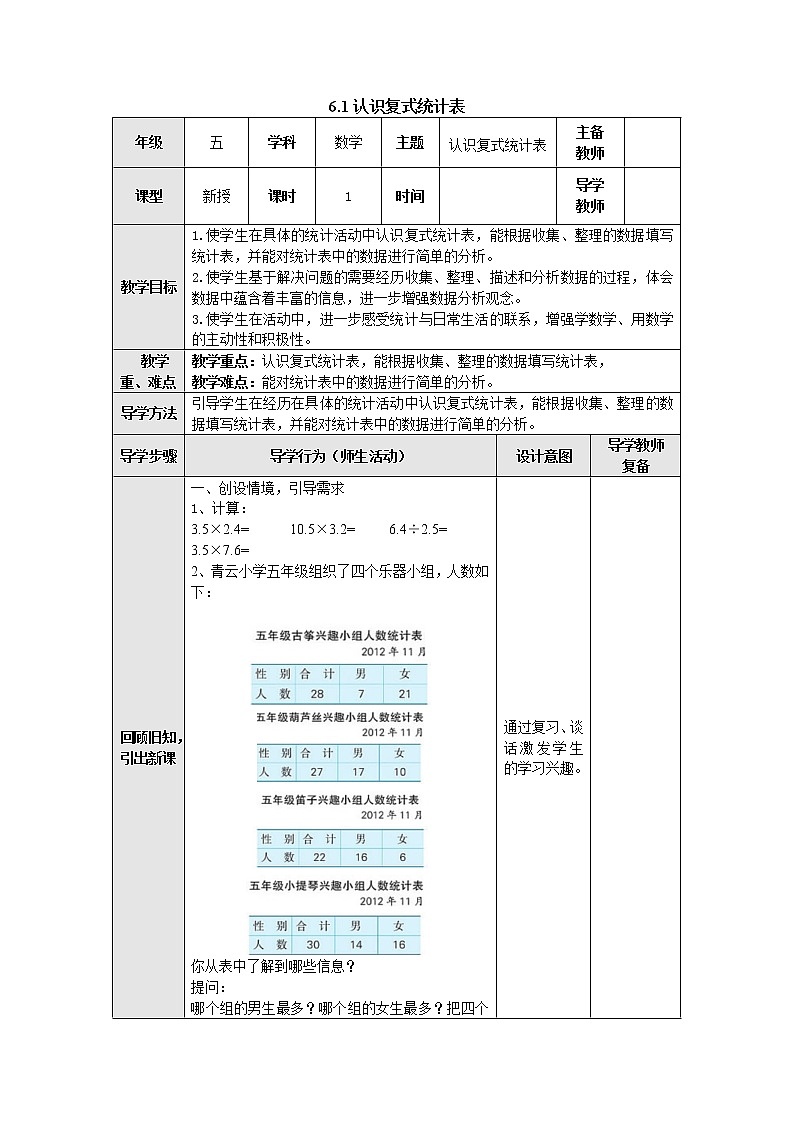 6.1认识复式统计表 教案 五年级数学上册-苏教版01