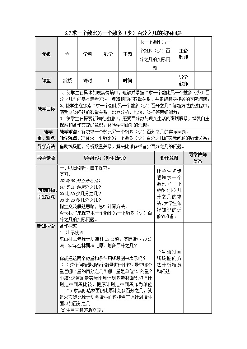 6.7求一个数比另一个数多（少）百分之几的实际问题 教案--六年级数学上册-苏教版01